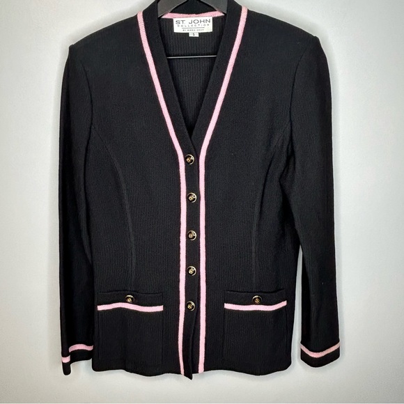 St. John Santana Knit Black and Pink Cardigan Size S